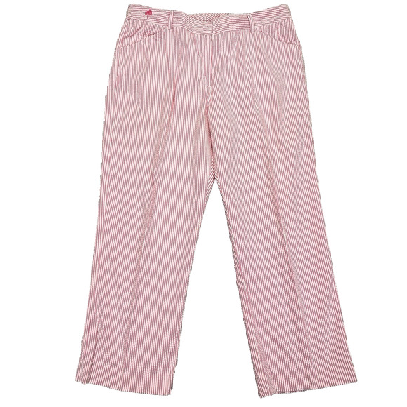 Vtg Lilly Pulitzer Capri Pants Womens 12 Seersucker Pink Wht Stripe Stretch Crop - Picture 1 of 15